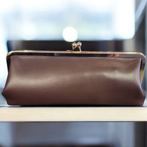 NWT Chic, Elegant, Date Night Brown Leather AOTA Vegan Leather Kisslock Clutch